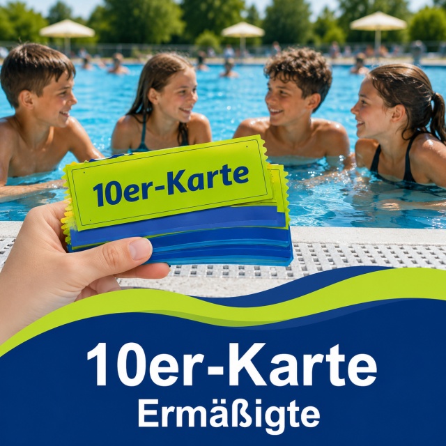10er-Karte Ermäßigte für mehrfachen Freibadbesuch. Im Hintergrund genießen Kinder und Jugendliche den Aufenthalt im Freibad. Die Karte ist für zehn Eintritte gültig und kann innerhalb von zwei Jahren genutzt werden.