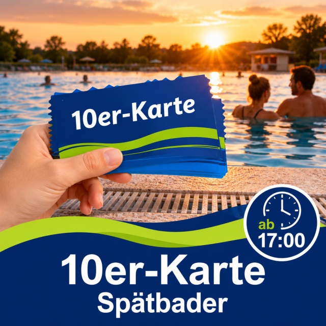 10er-Karte Spätbader – zehn Eintritte ins Freibad ab 17:00 Uhr. Gültig für die laufende und die folgende Saison, maximal 2 Jahre ab Kaufdatum.