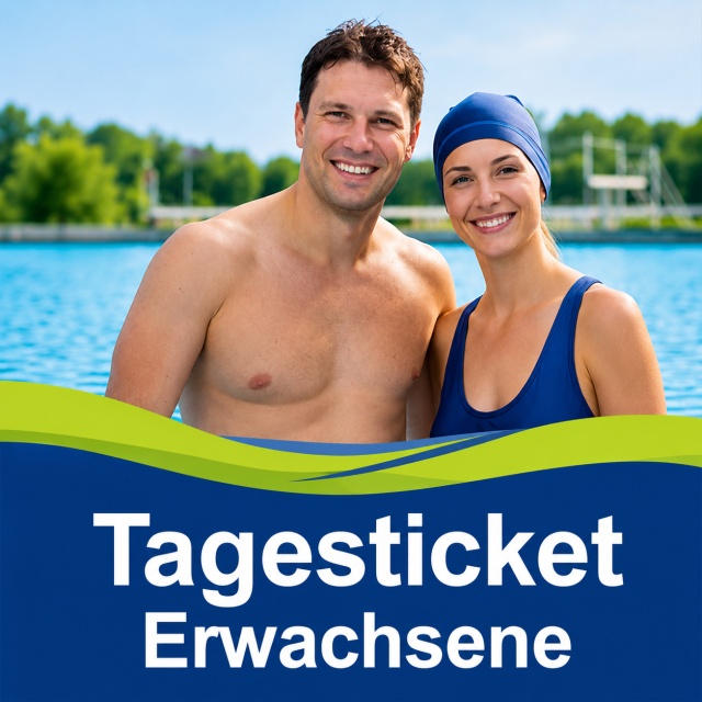 Zwei lächelnde Erwachsene in Badebekleidung stehen vor einem Freibadbecken. Im Vordergrund befindet sich die Beschriftung „Tagesticket Erwachsene“ auf blauem Hintergrund mit grünen Wellen-Elementen.