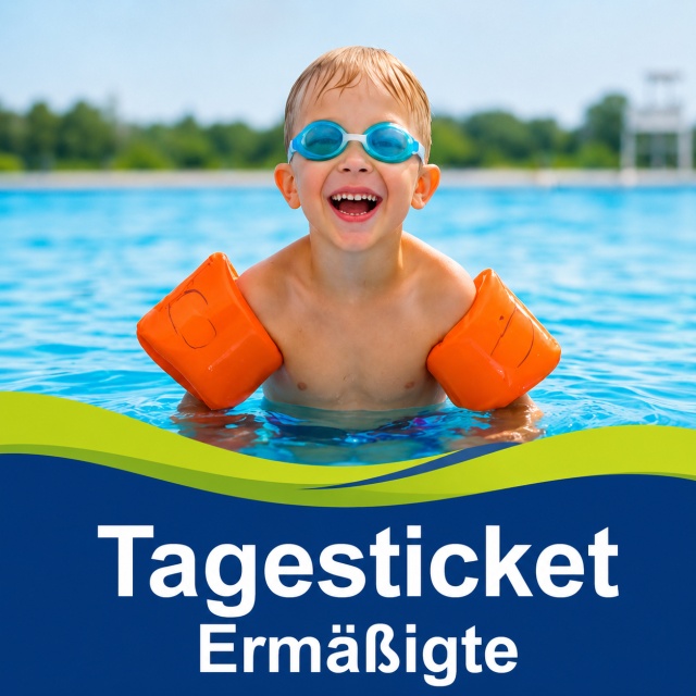 Tagesticket Ermäßigte für Kinder, Schülerinnen und Schüler, Studierende sowie Schwerbehinderte ab GdB 50 – einmaliger Eintritt ins Freibad, gültig für 4 Wochen ab Kauf.